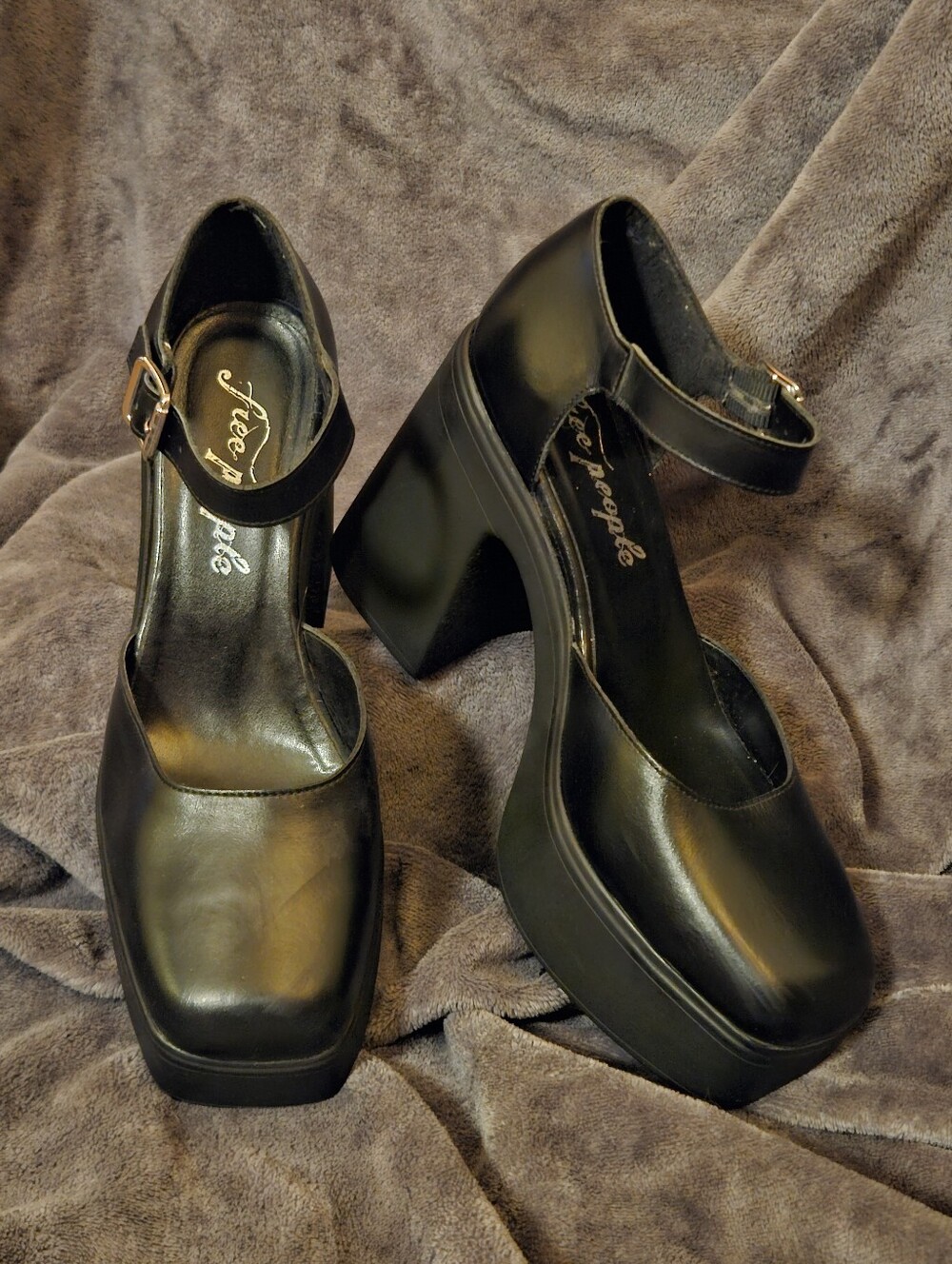 Free People Black Platform Mary Jane Pumps with Ankle Strap
